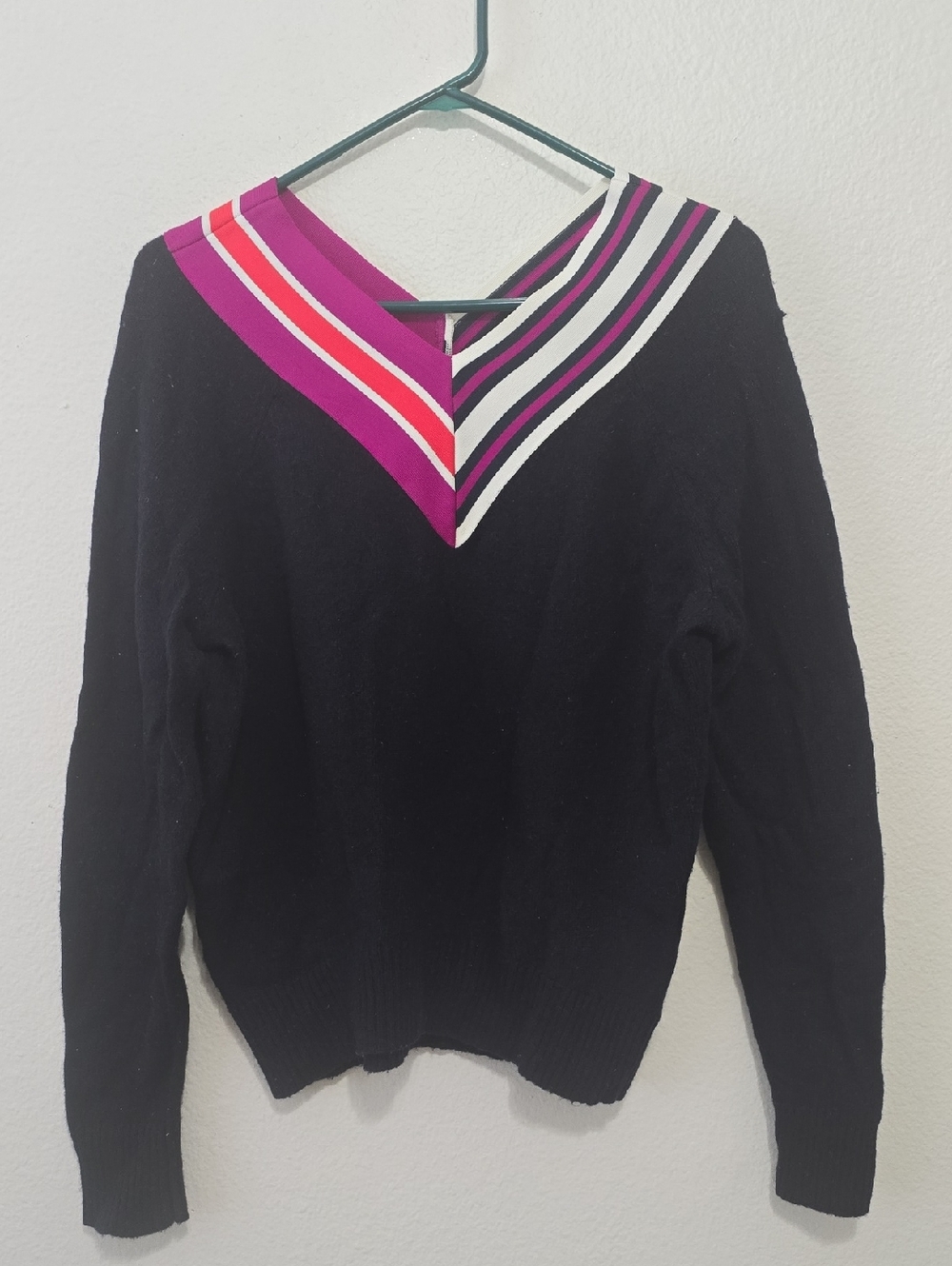Sandro Black V-Neck Sweater with Pink, Magenta and White Stripe Trim 2